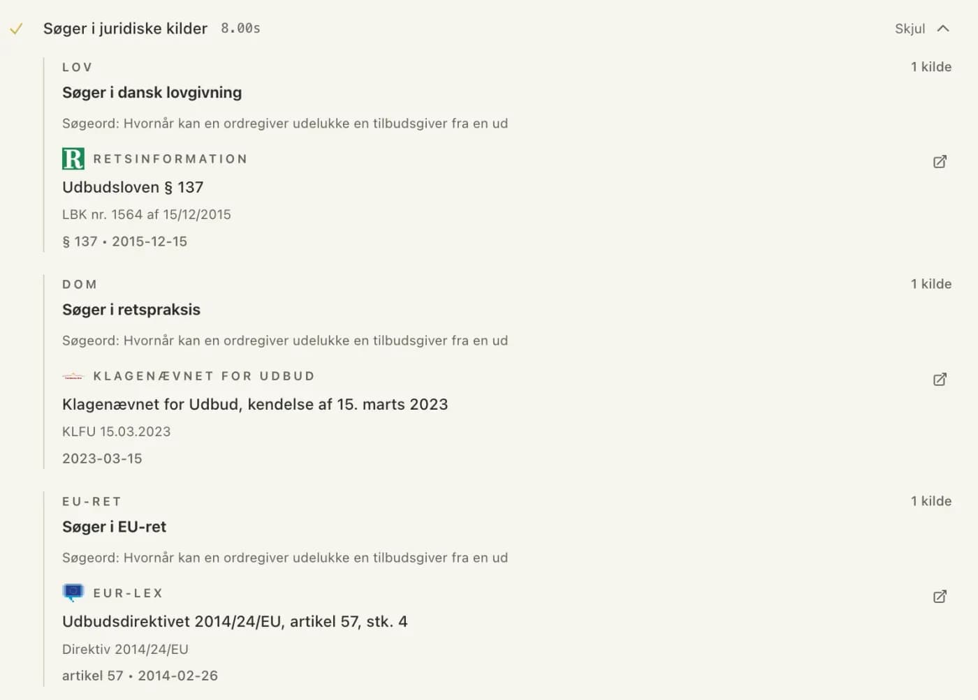 APIZ viser fundne juridiske kilder fra lovgivning, retspraksis og EU-ret.