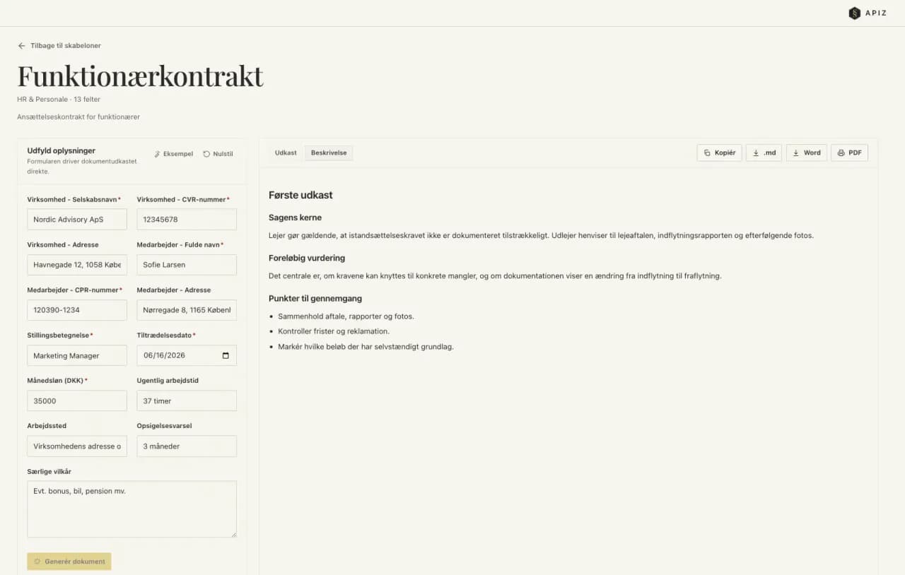 APIZ-opret dokument med skabelon, formular og juridisk udkast.