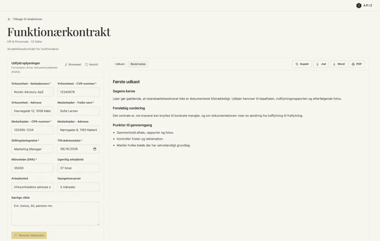 APIZ-opret dokument med skabelon, formular og juridisk udkast.